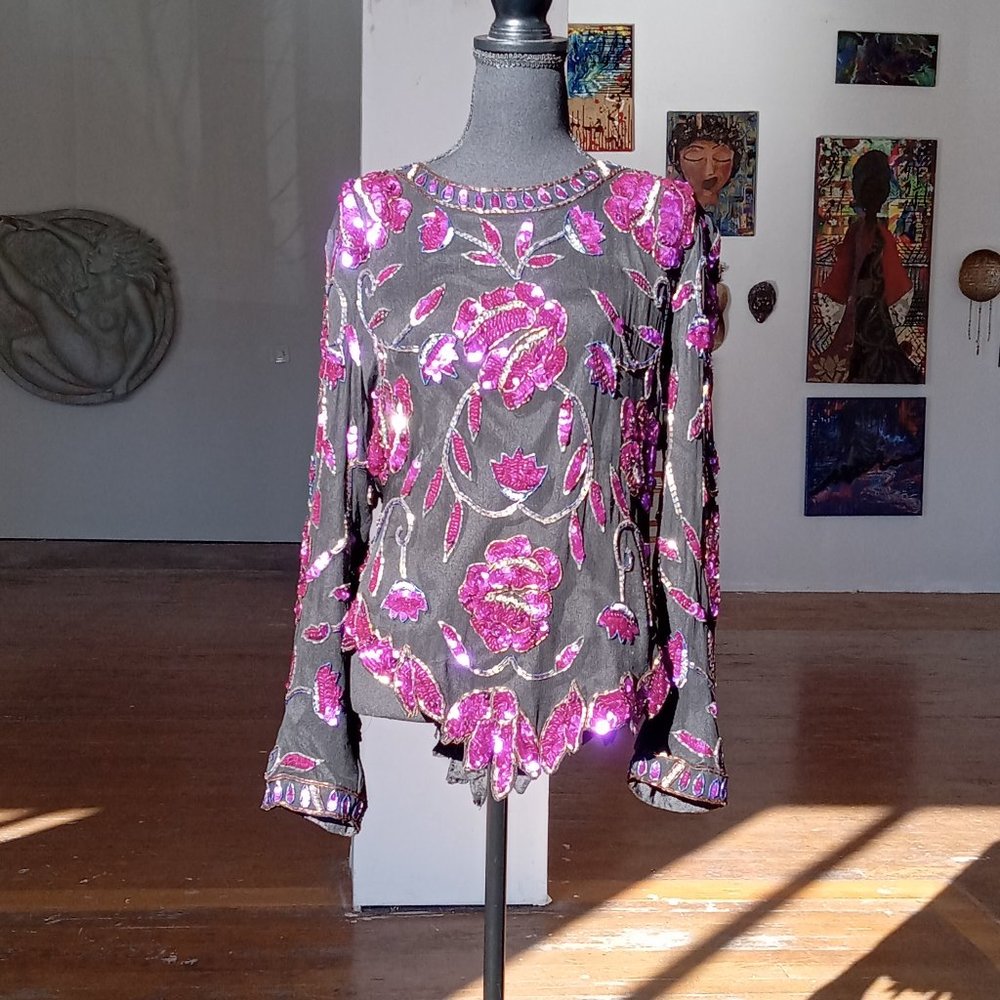 Purple and black beaded and sequins long sleeve top
